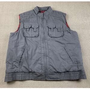 Vintage Expeditions Vest Men L Gray Zip Front Multi Utility Pockets Plaid Lining